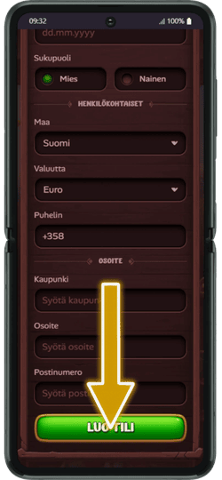 Lisää osoitetiedot ja luo tili Roostino 
